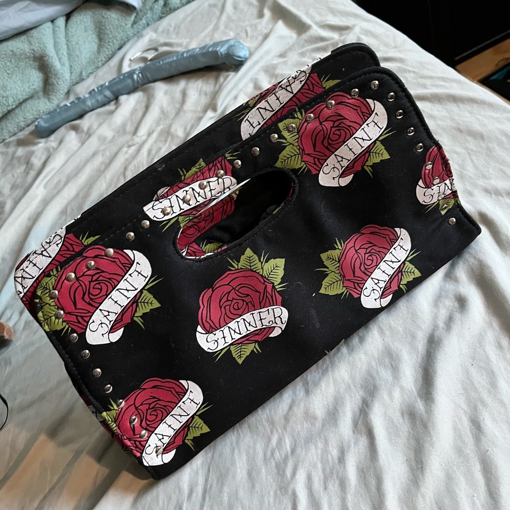 Black Rose Print Studded Handheld Clutch